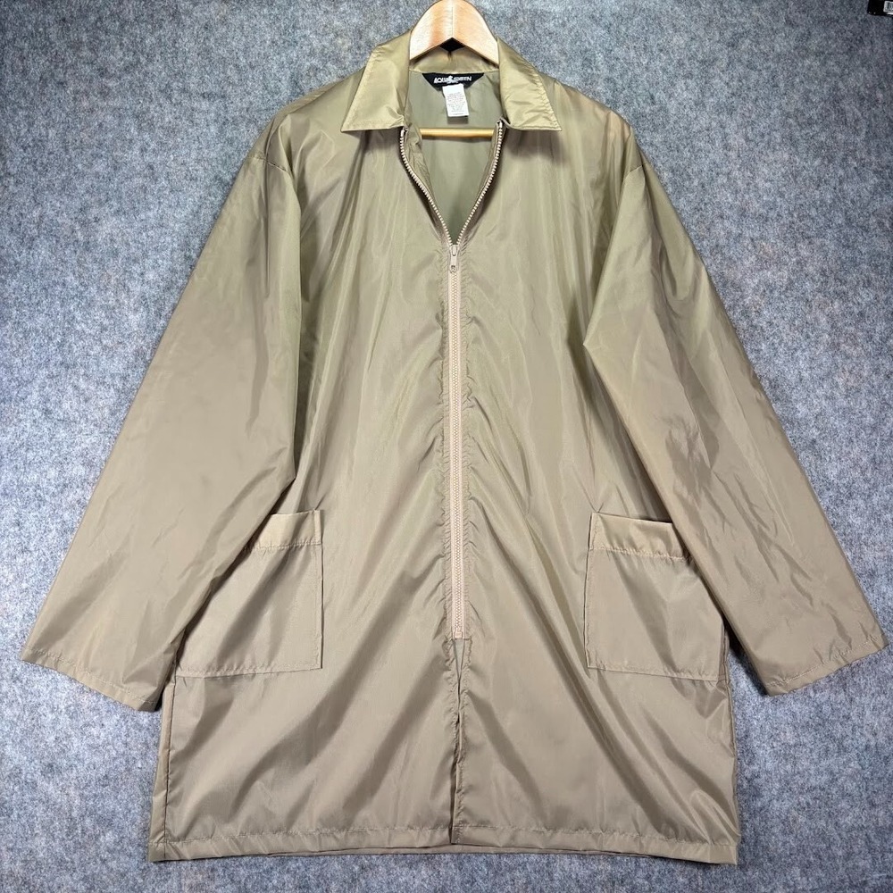 Aqua‎ Sheen Rain Coat Womens L Beige Tan Shoulder pads Zip Up Collared Oversized